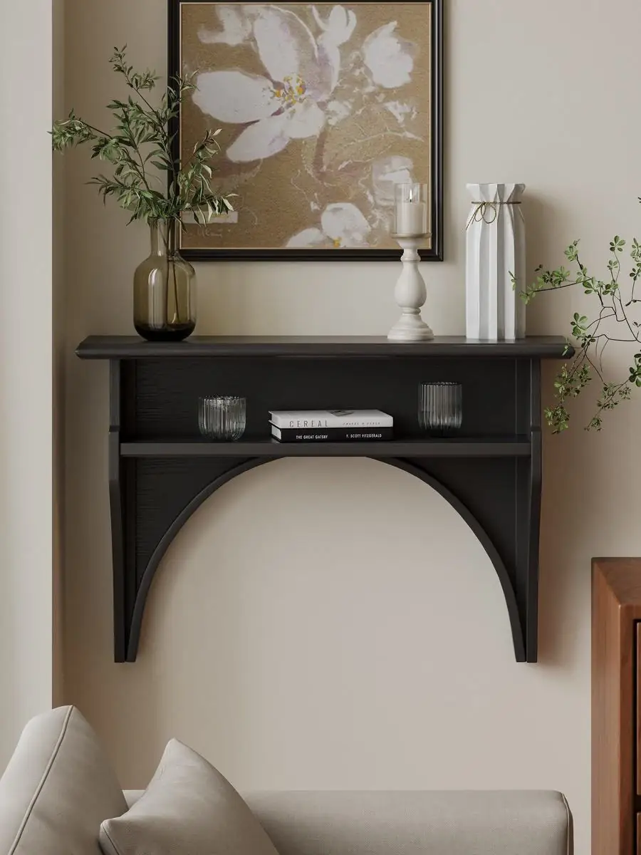 arched wall-mounted display console presented in a styled residential interior