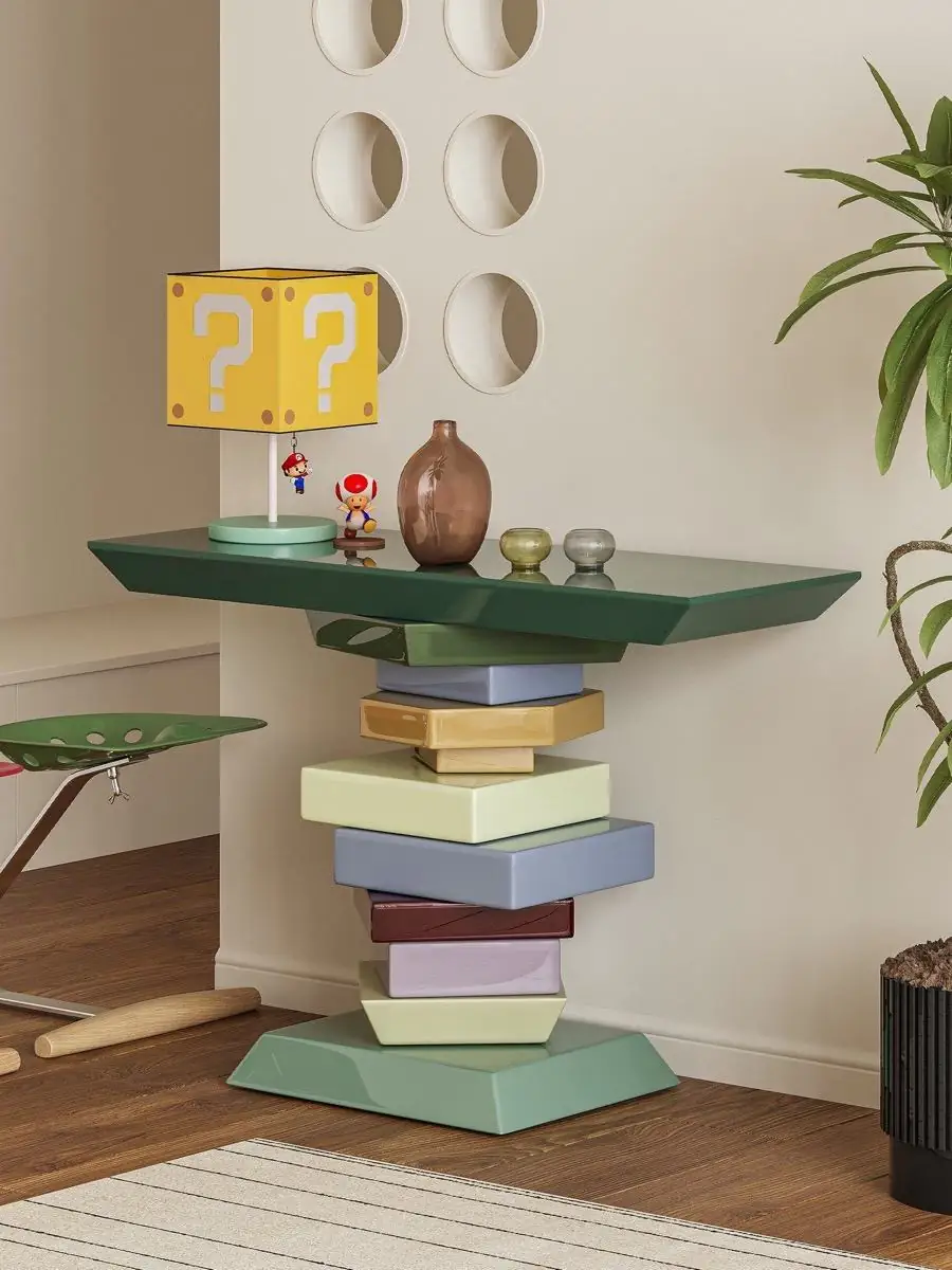 Final lifestyle view of the sculptural stacked-volume console table