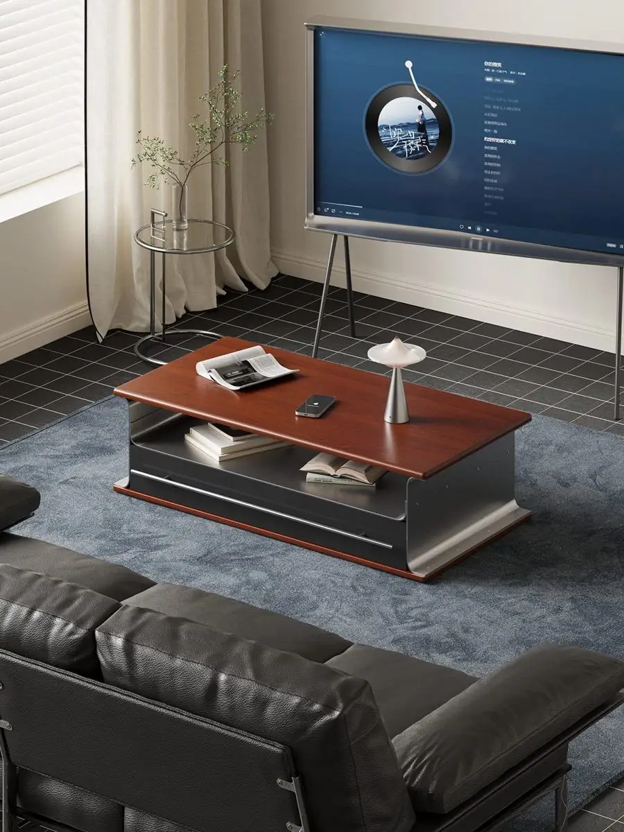 Bauhaus-inspired coffee table with a red-brown top, black base and chrome details