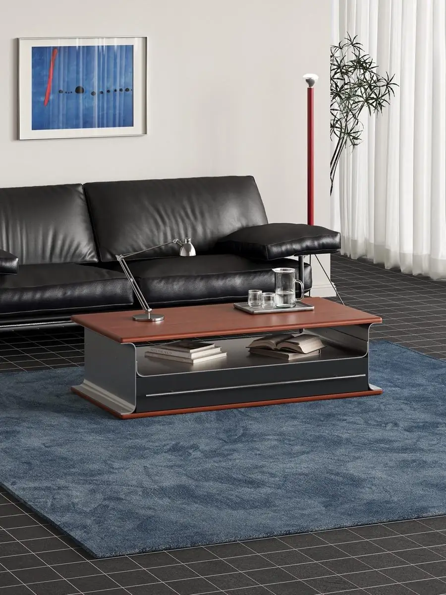 Layered black shelf and chrome support beneath the timber top