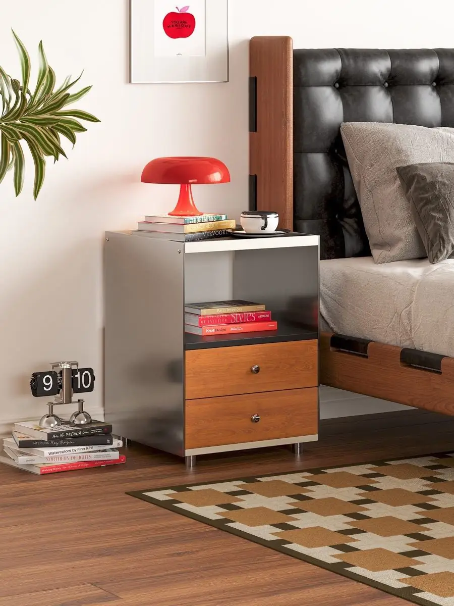 Compact dark nightstand with walnut drawers and an open central shelf