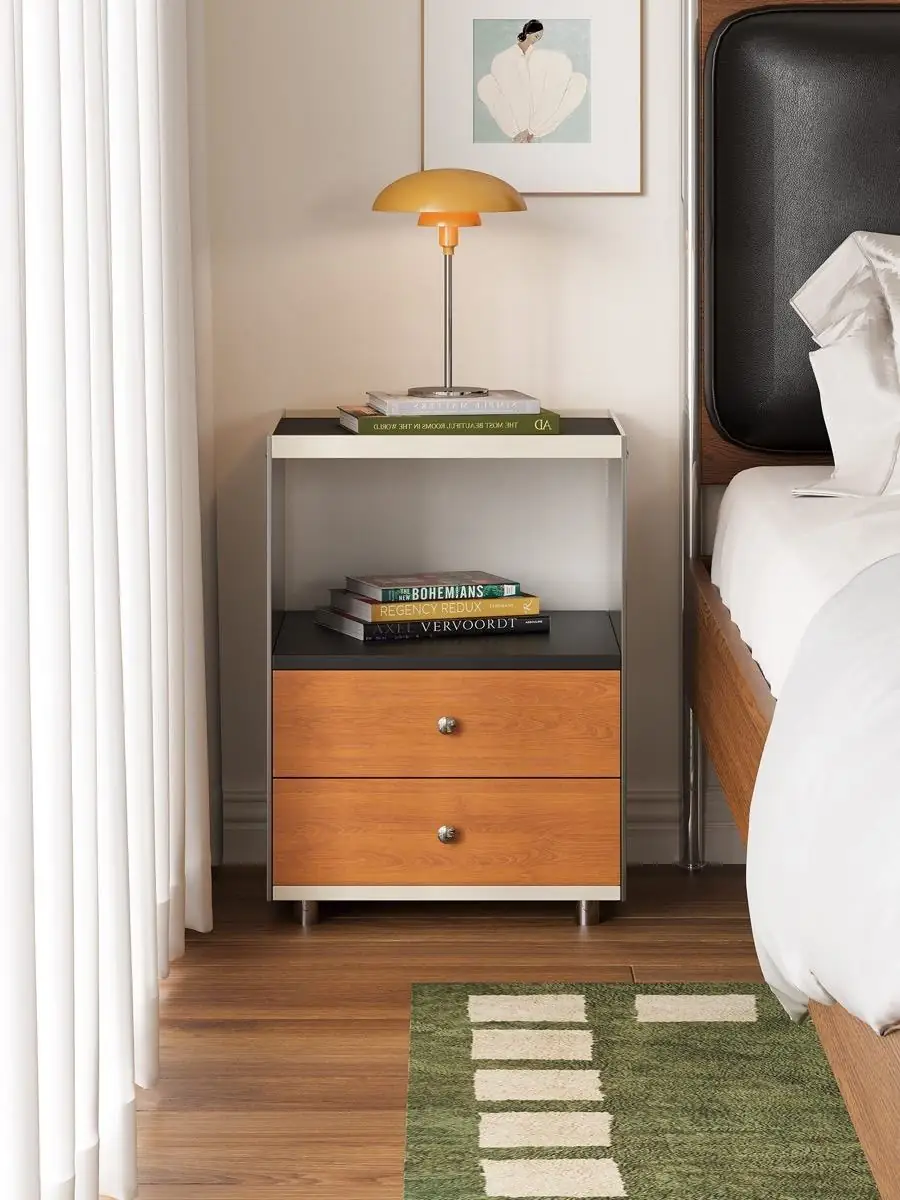 Close view of drawer fronts and metallic edge details
