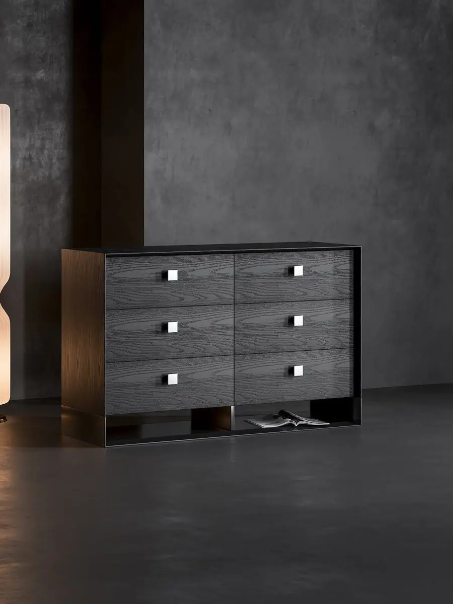 charcoal timber six-drawer dresser presented in a styled residential interior