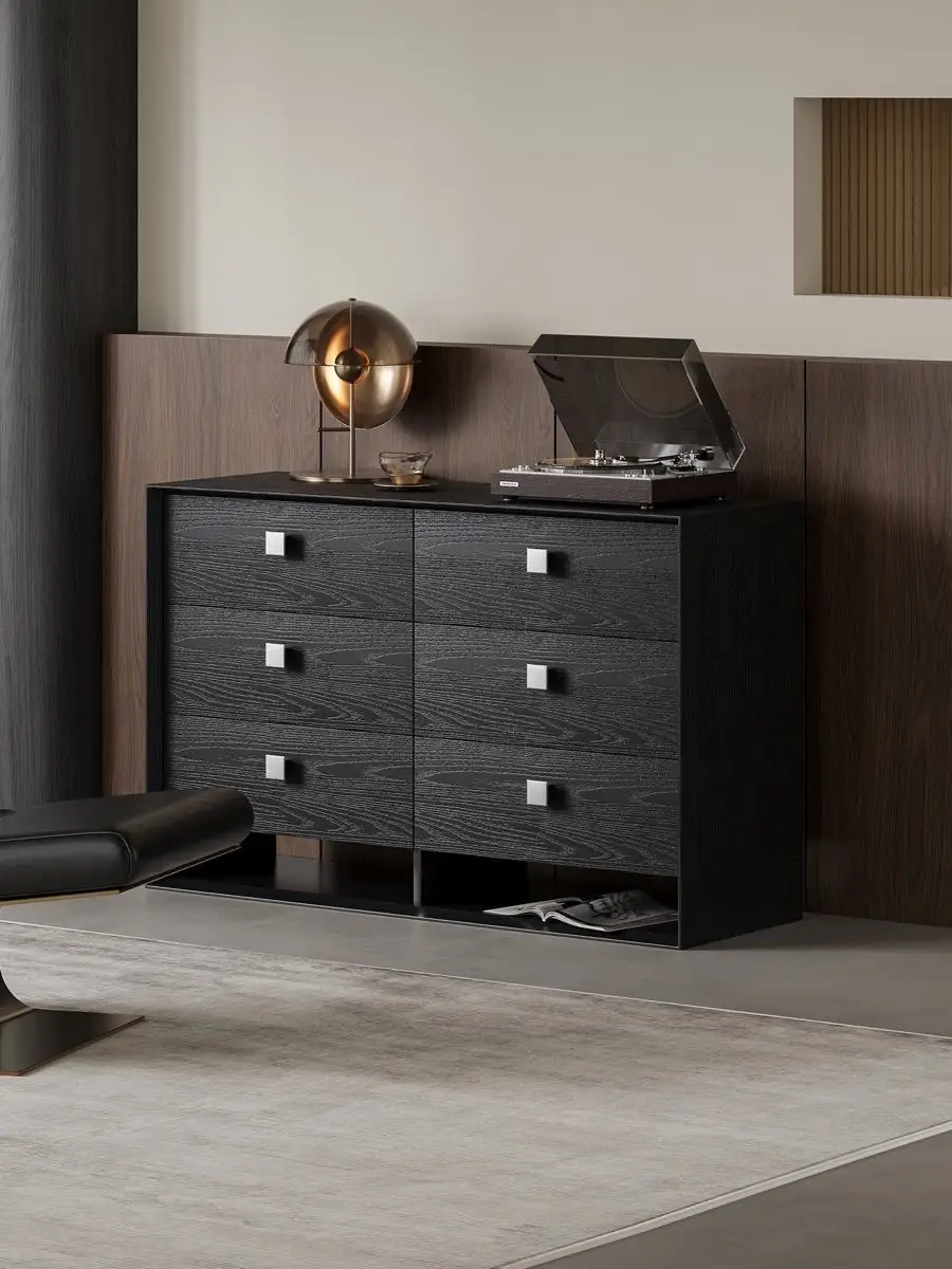 Alternate room view of the charcoal timber six-drawer dresser