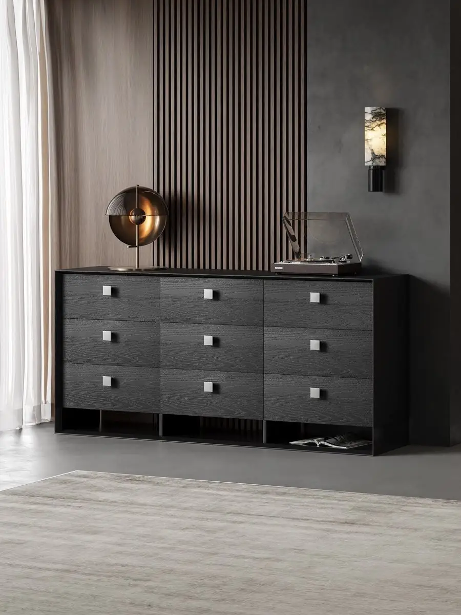 Material and form study of the charcoal timber six-drawer dresser