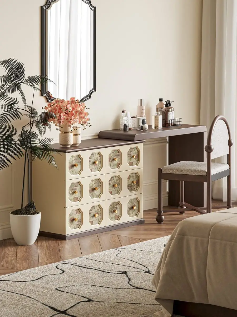 Vintage dressing table with botanical-print drawer fronts and a dark walnut frame