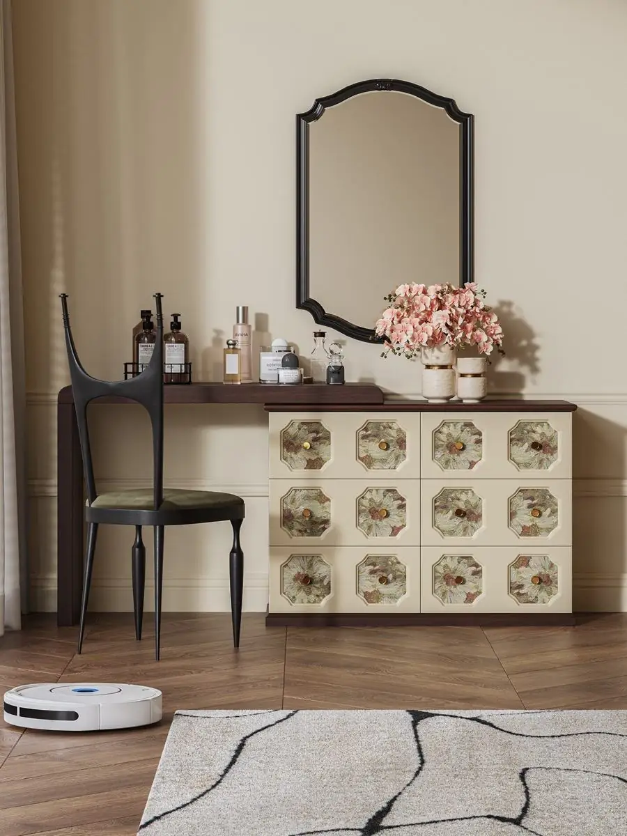 Final lifestyle view of the vintage botanical dressing table