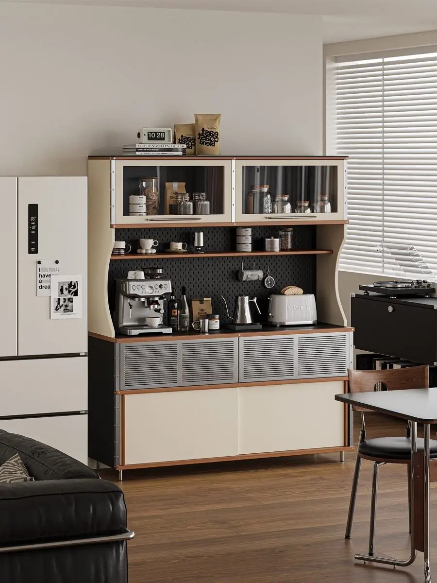 Broad home coffee hutch with glazed upper cabinets and a warm preparation niche