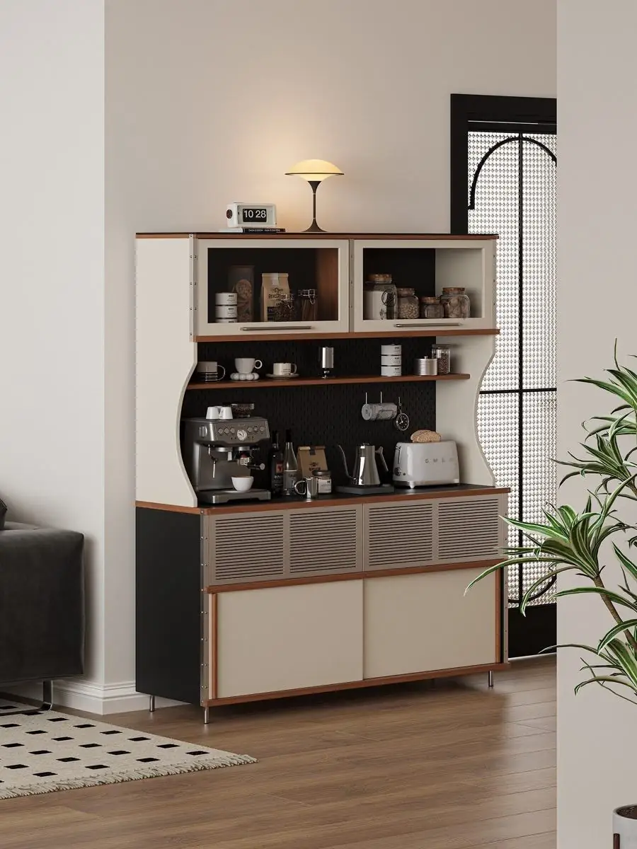 Glazed upper display cabinets above the coffee preparation area