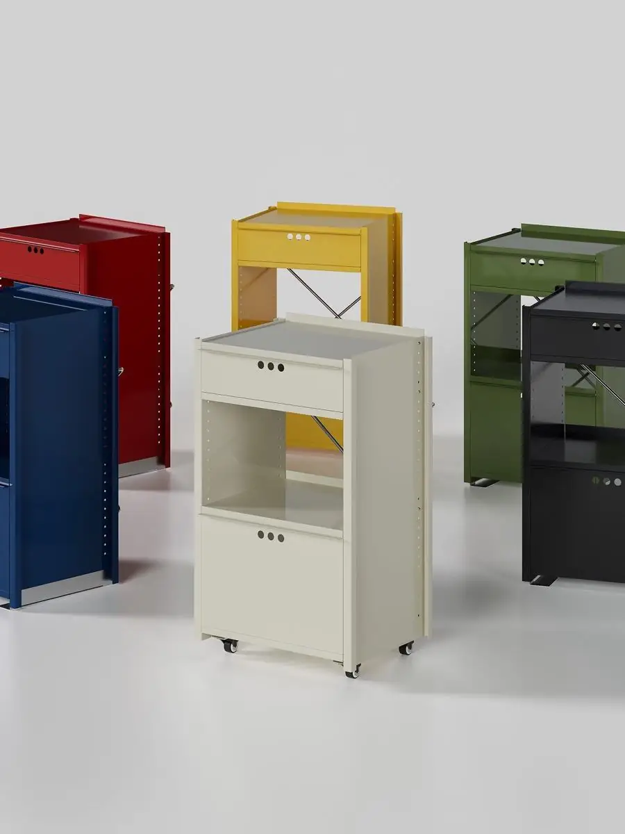 colour-led mobile metal utility cabinet presented in a styled residential interior