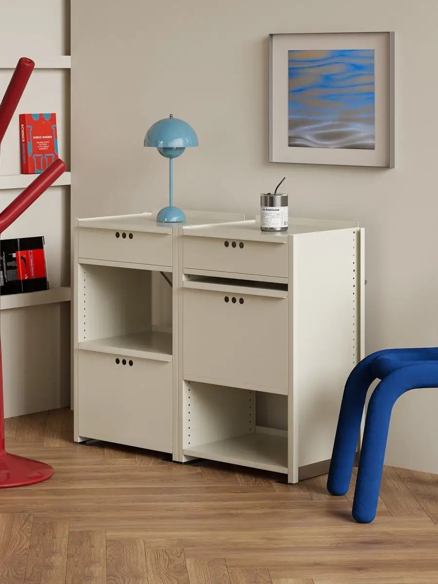 Material and form study of the colour-led mobile metal utility cabinet