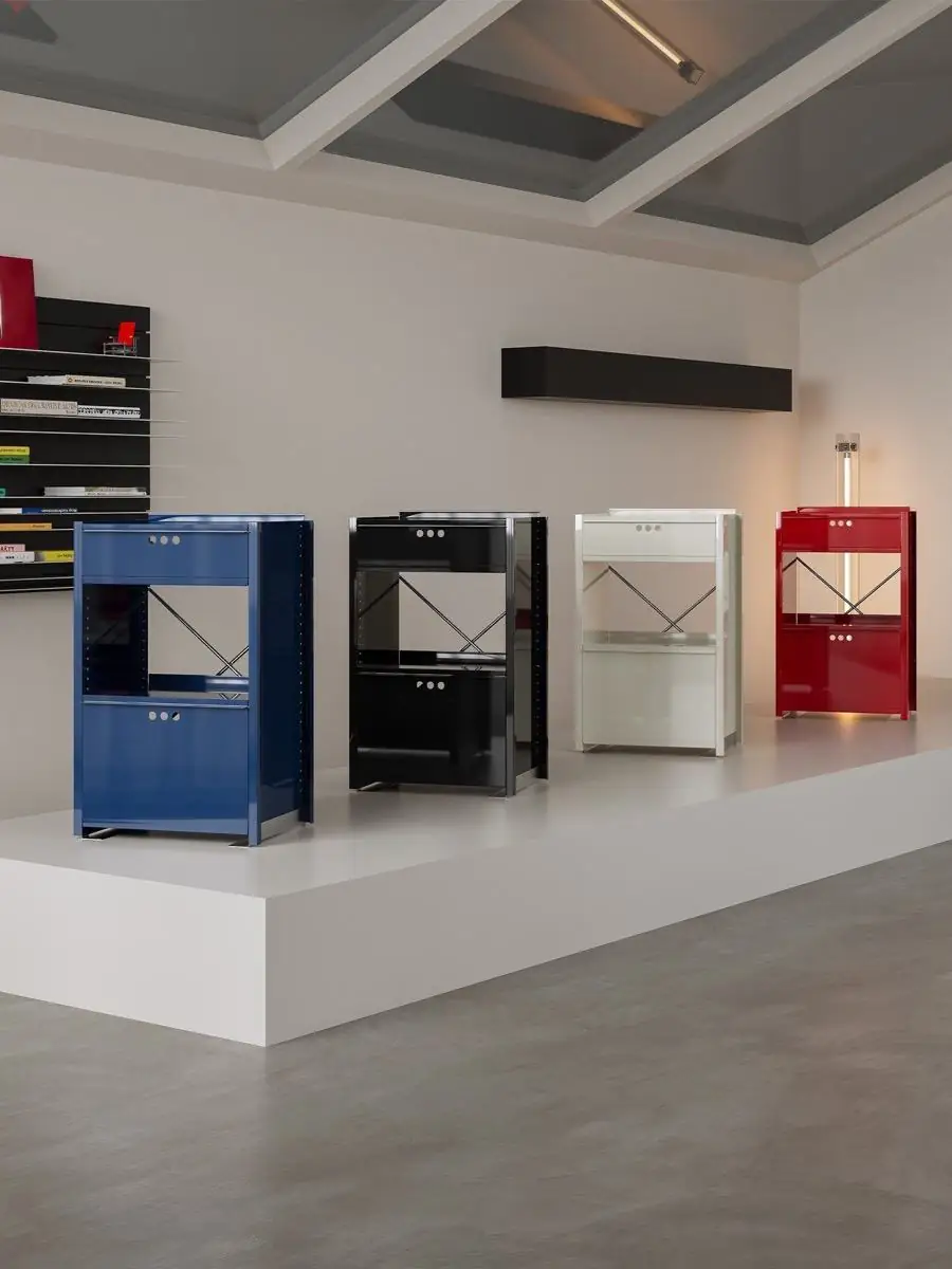 Final lifestyle view of the colour-led mobile metal utility cabinet