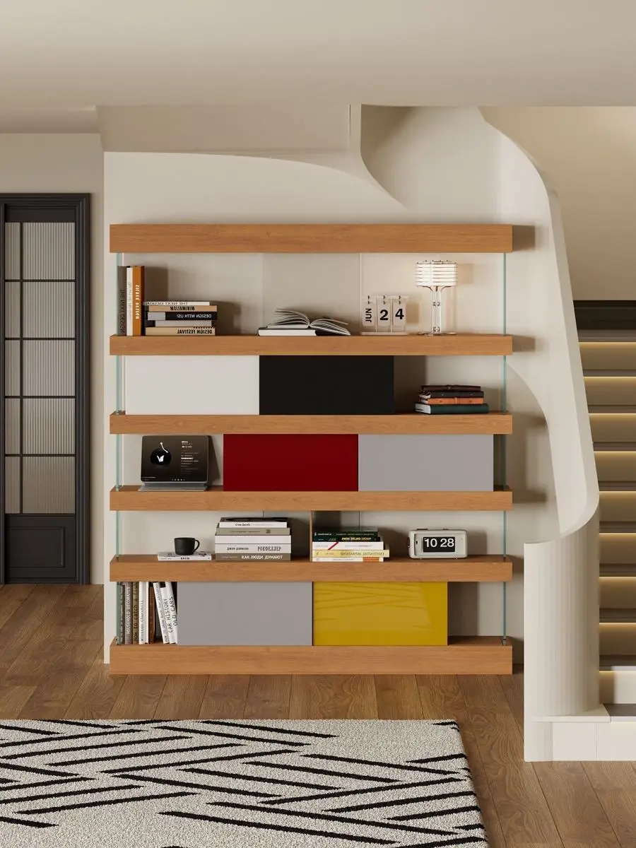 Modular open shelving system with walnut rails and red, black and yellow panels