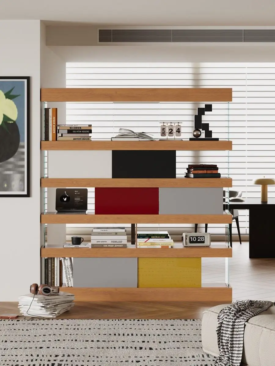 Wide architectural view of the modular shelving system