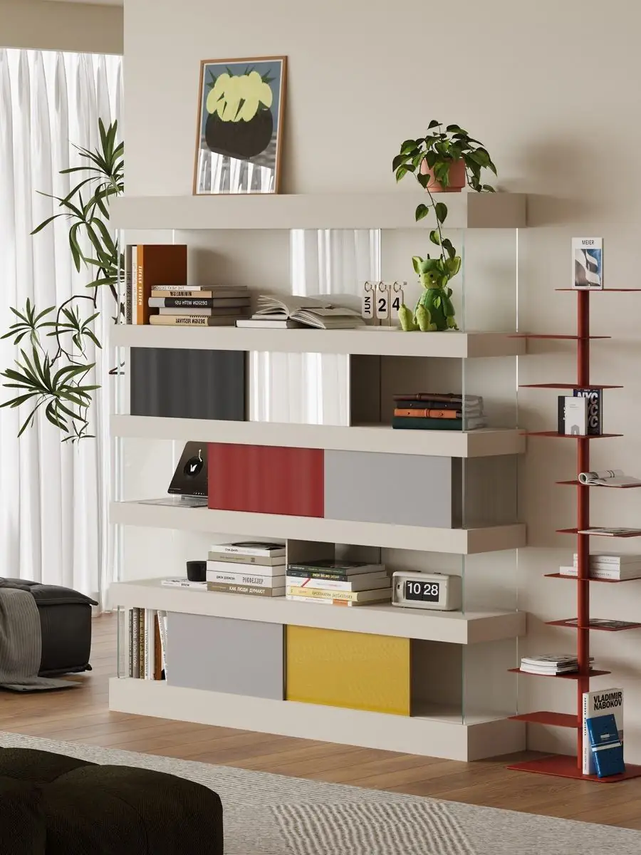 Walnut shelf lines and dark uprights arranged as a room divider