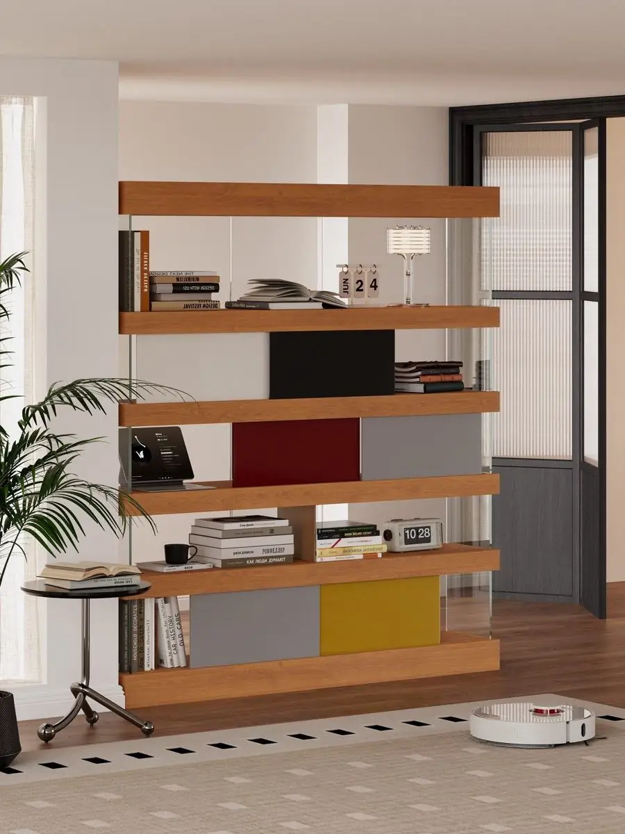 Red and black panel configuration within the open shelving grid