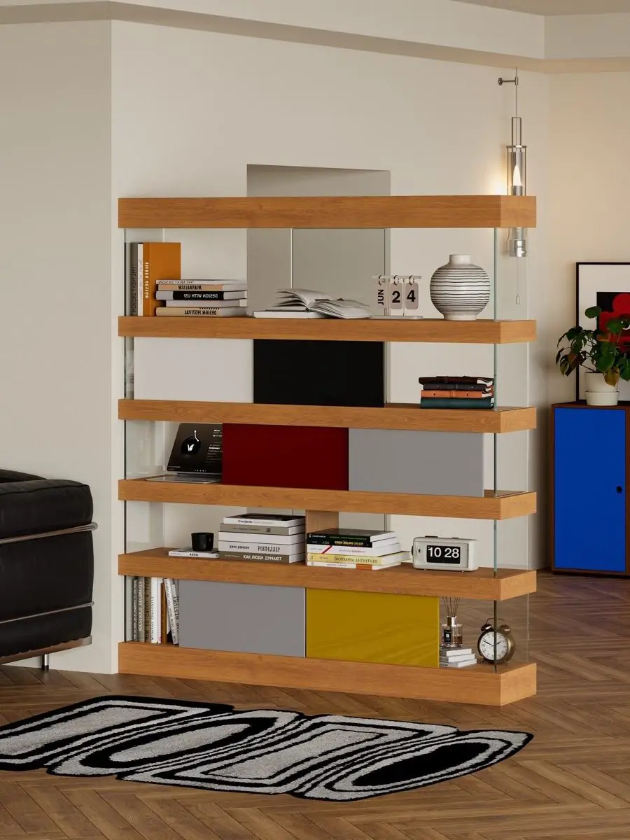 Alternate white and timber finish study of the shelving system