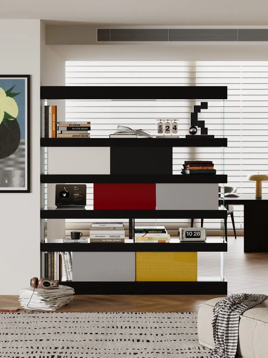 Minimal black panel configuration of the open shelves