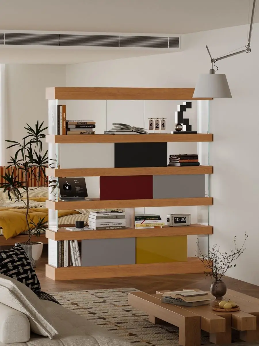 Layered perspective through the shelving and surrounding room
