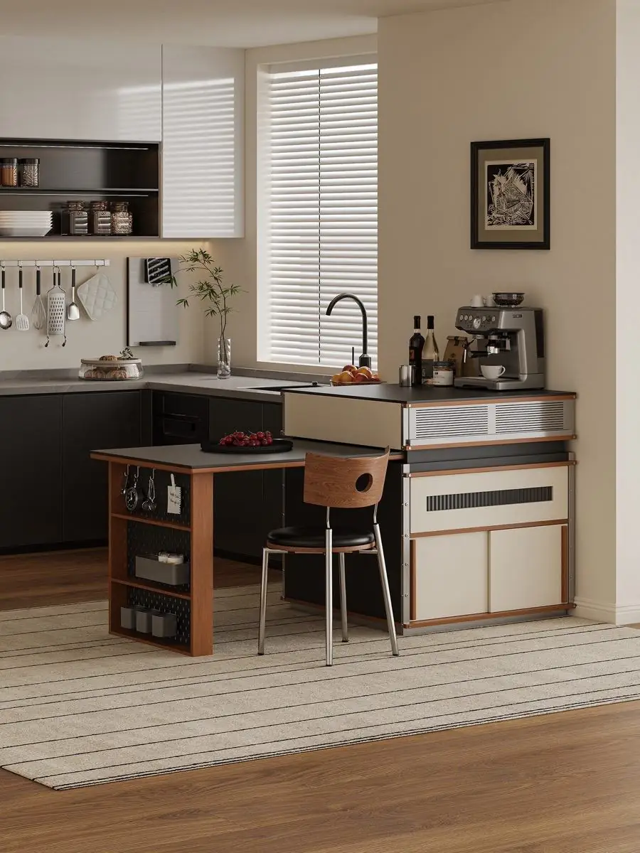 Cream, walnut and black modular kitchen island in a warm residential setting
