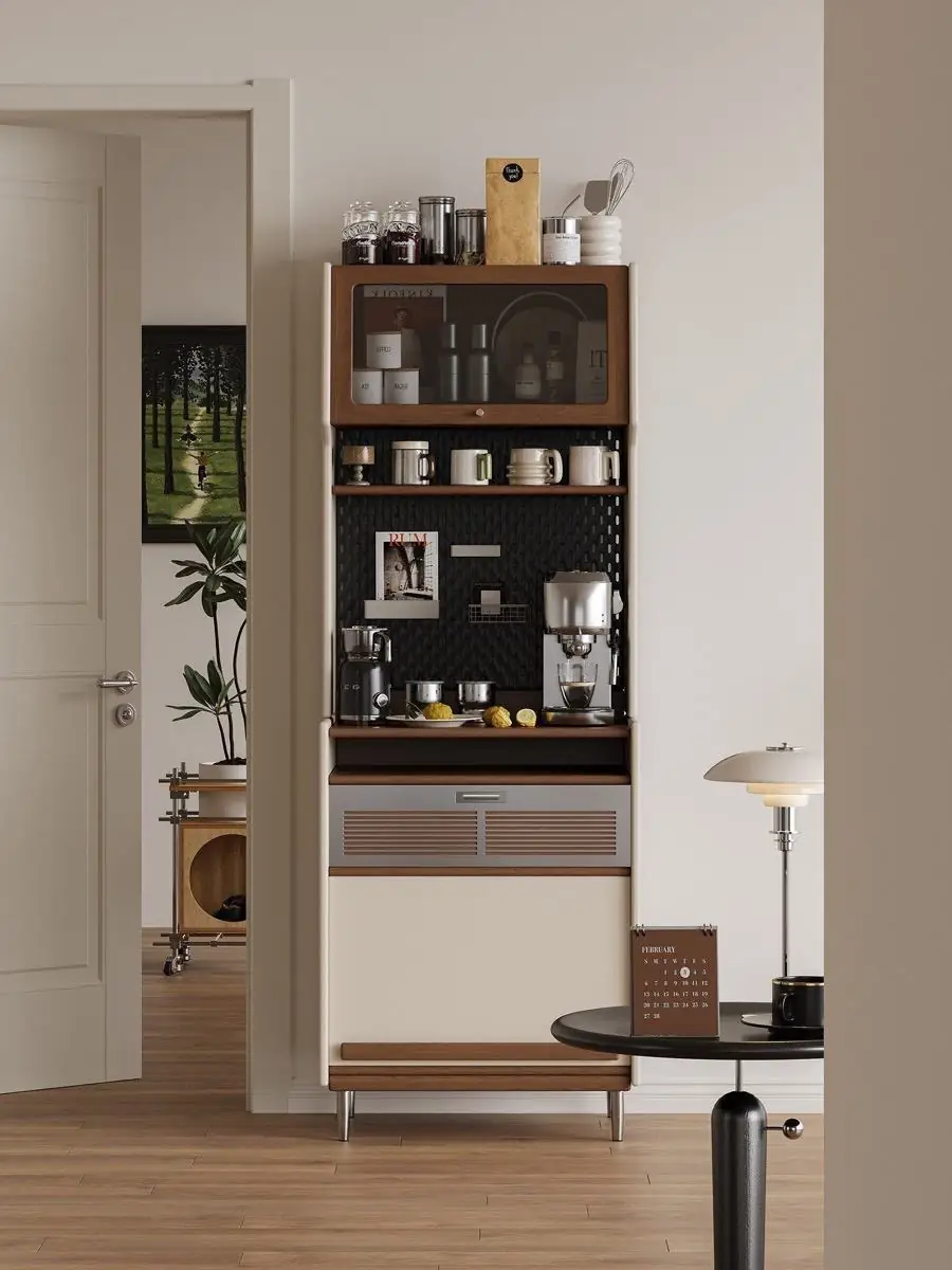freestanding vertical coffee station cabinet presented in a styled residential interior