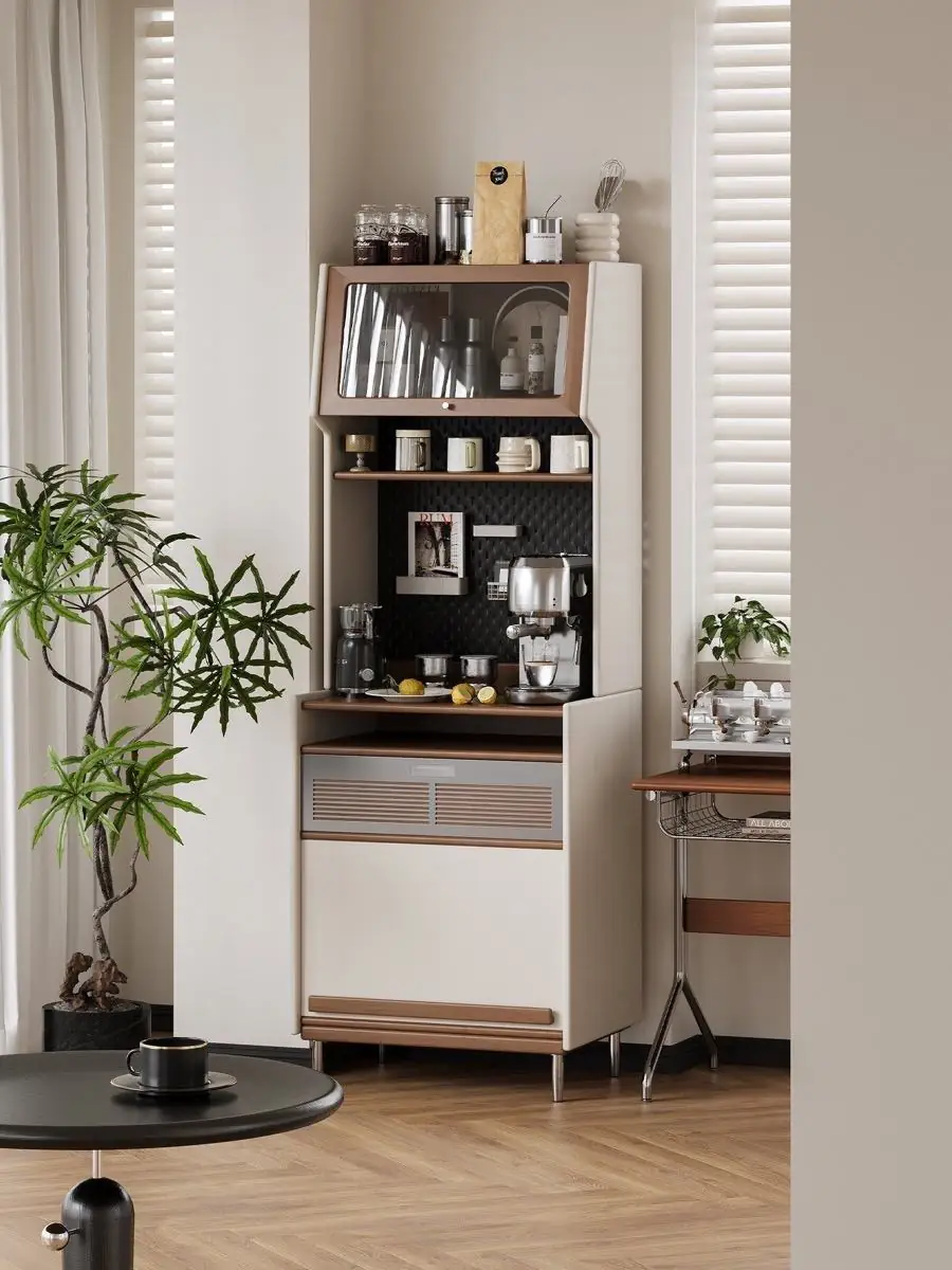 freestanding vertical coffee station cabinet shown in a second interior setting