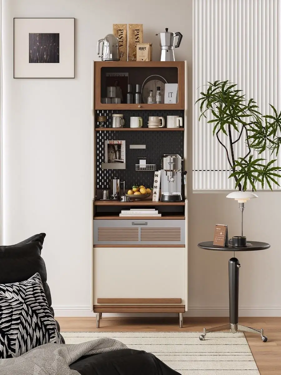 Material and form study of the freestanding vertical coffee station cabinet