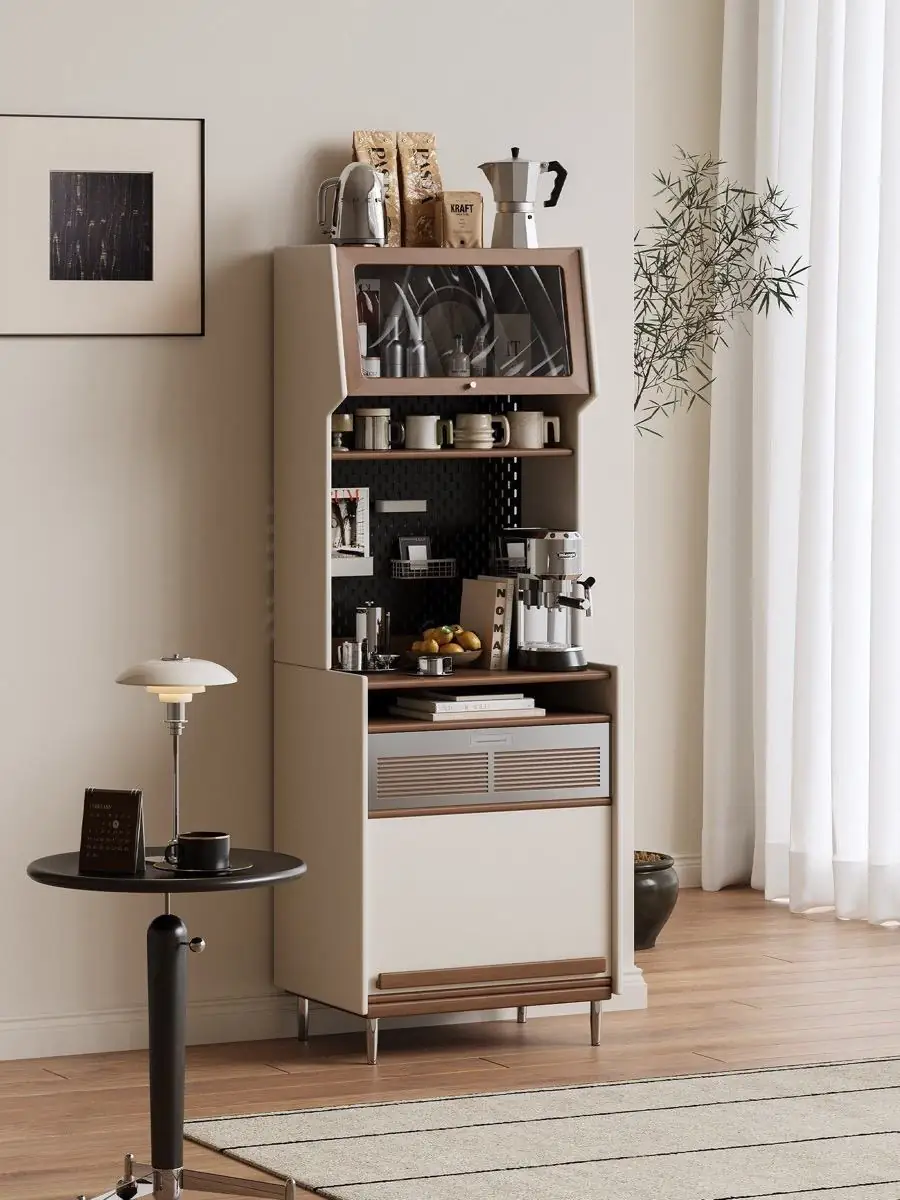 Final lifestyle view of the freestanding vertical coffee station cabinet
