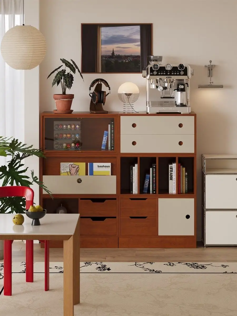 modular timber-grid sideboard presented in a styled residential interior