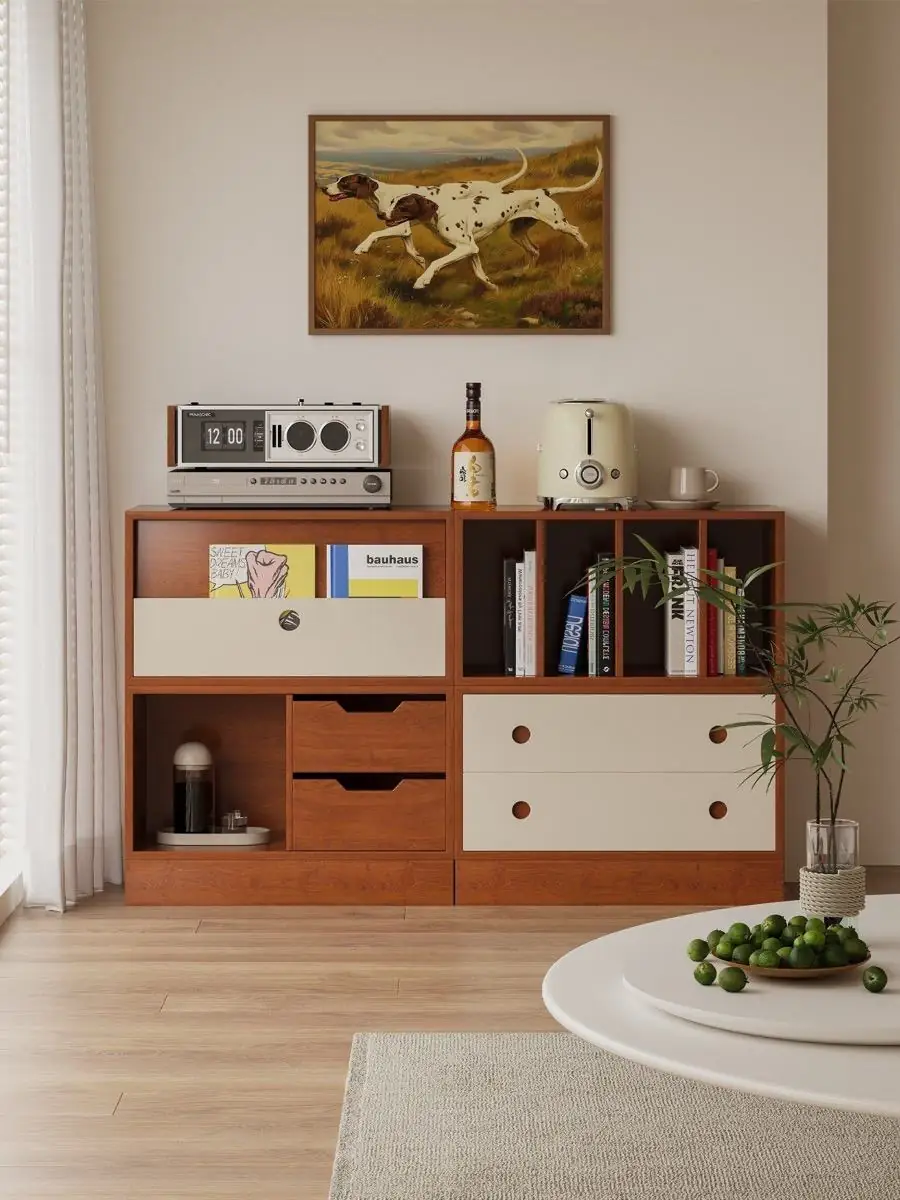 Closer product view of the modular timber-grid sideboard