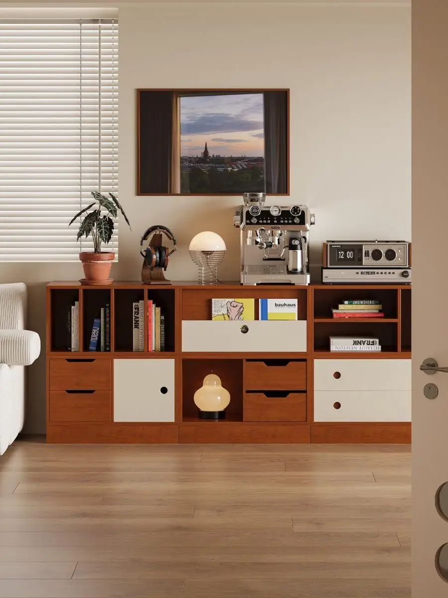 modular timber-grid sideboard shown with surrounding furniture for scale
