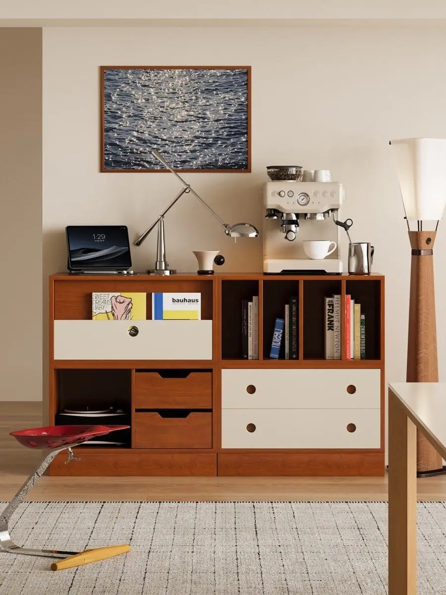 Final lifestyle view of the modular timber-grid sideboard