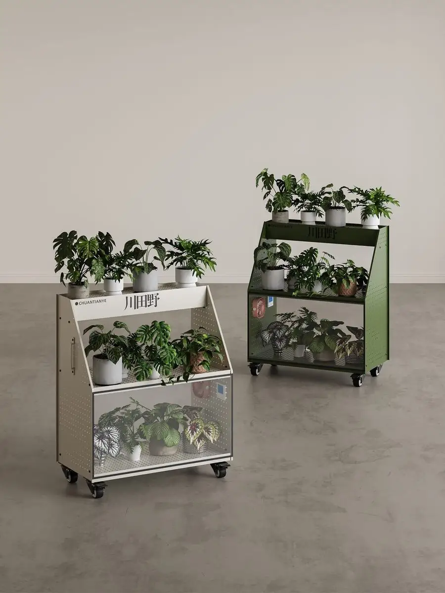 Tiered mobile plant trolley filled with greenery in a residential interior