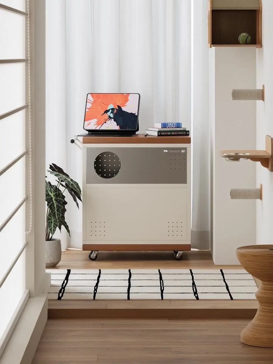 ventilated mobile pet care cabinet shown with surrounding furniture for scale