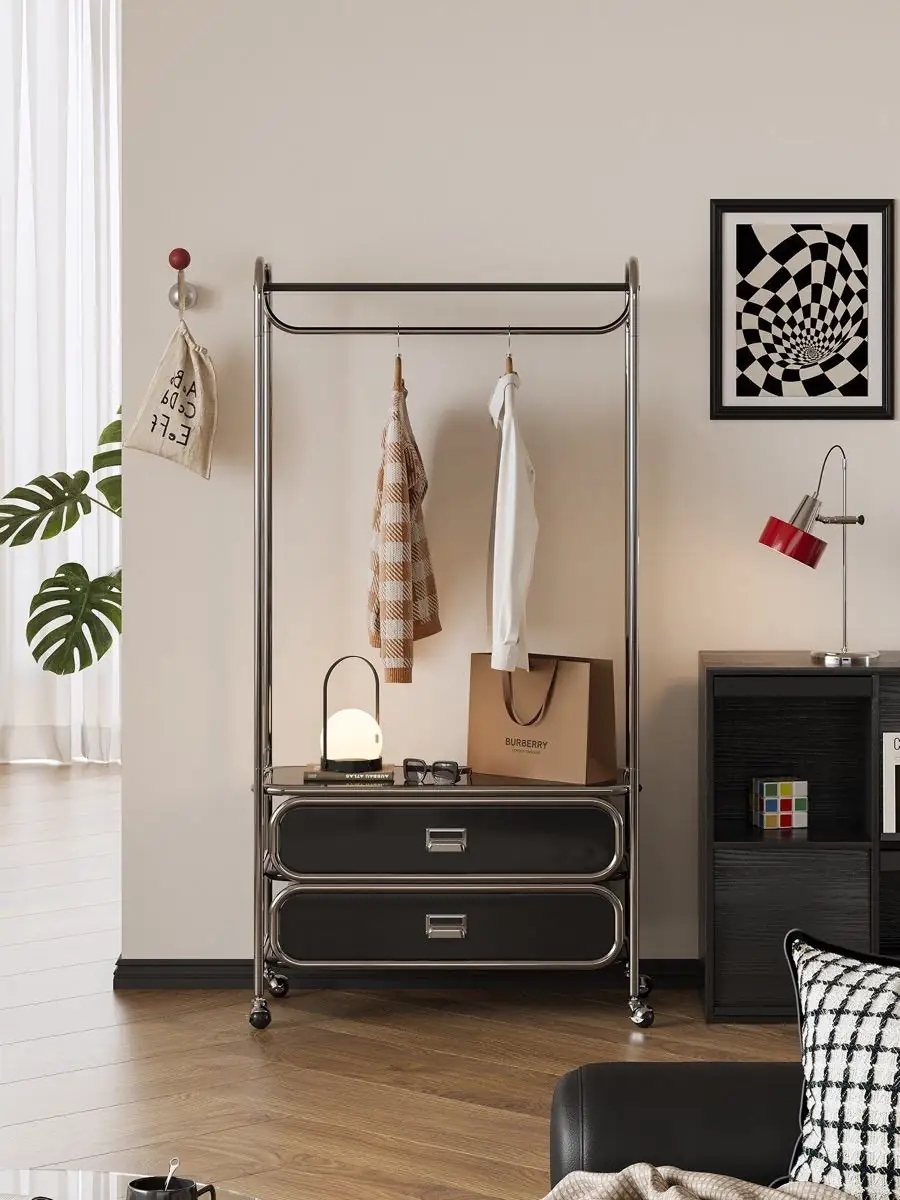 Closer product view of the mobile tubular garment rack with drawers