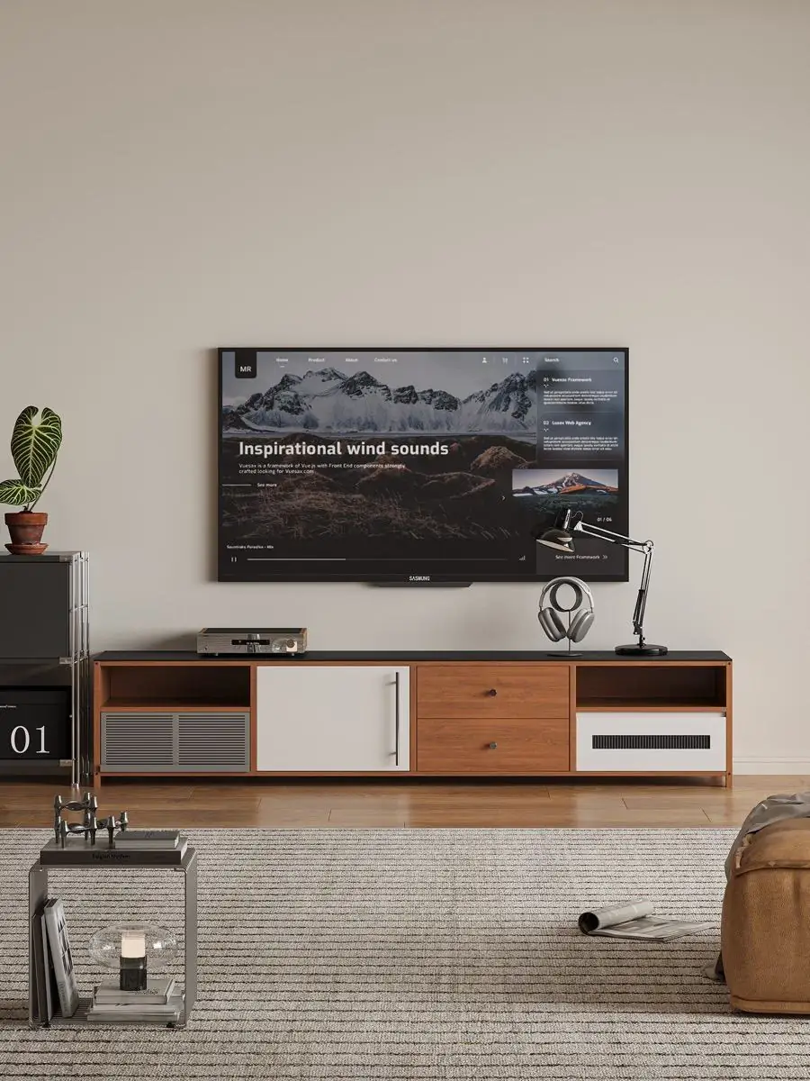 Long cream and walnut media console beneath a television in a contemporary living room
