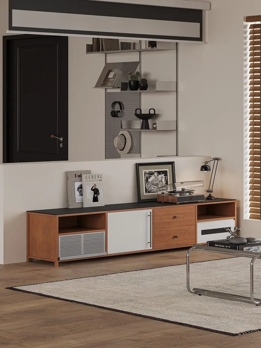 Wide room view of the long low media console