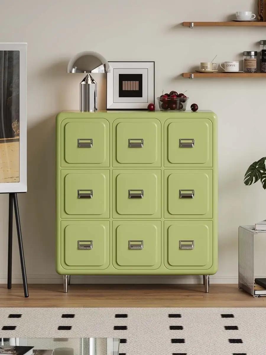 nine-drawer storage cabinet presented in a styled residential interior