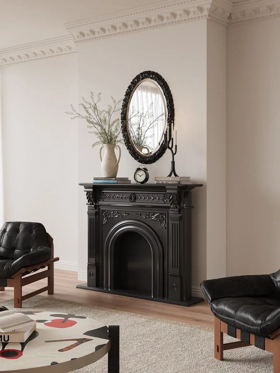open-portal ornamental fireplace mantel presented in a styled residential interior