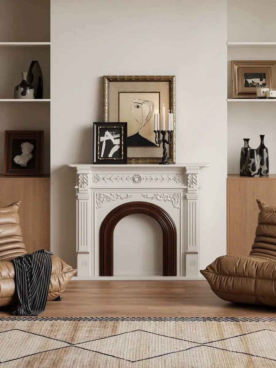 Alternate room view of the open-portal ornamental fireplace mantel