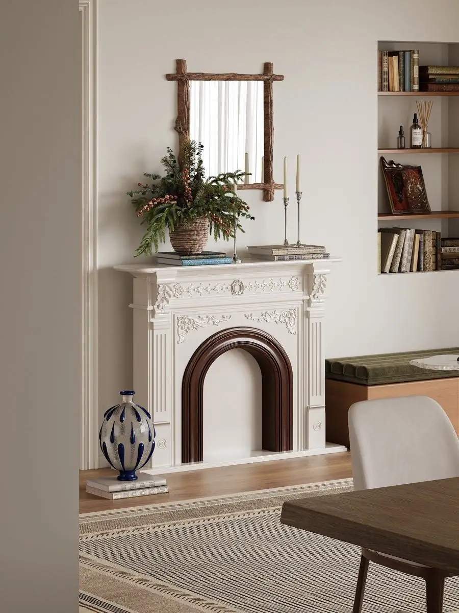 Closer product view of the open-portal ornamental fireplace mantel