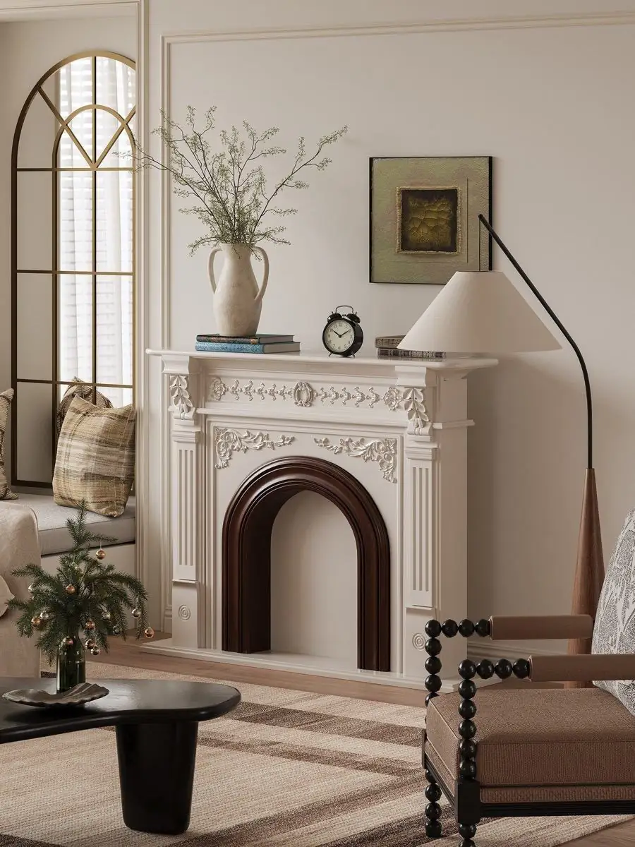 open-portal ornamental fireplace mantel shown in a second interior setting