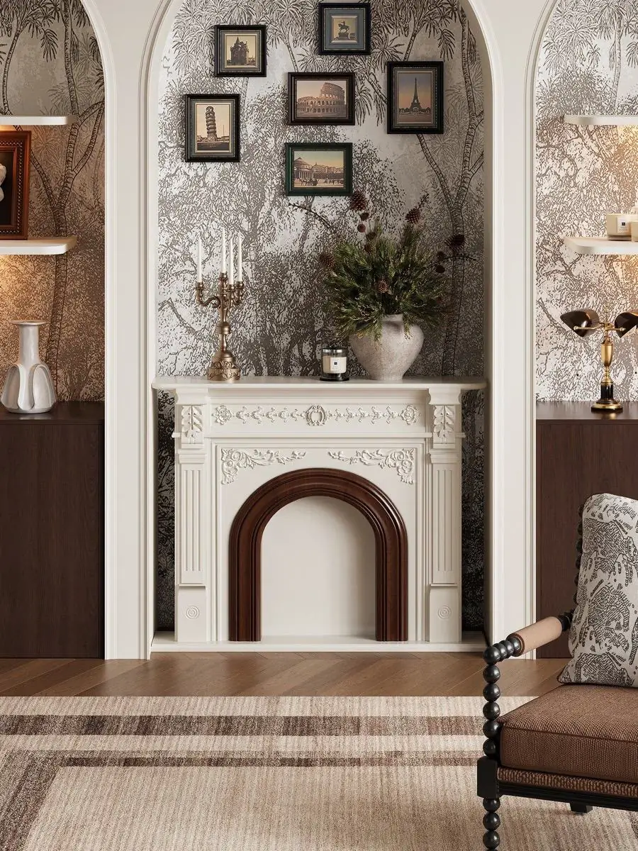 Material and form study of the open-portal ornamental fireplace mantel