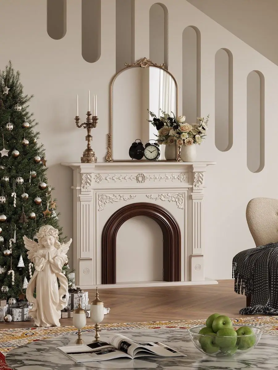 open-portal ornamental fireplace mantel shown with surrounding furniture for scale