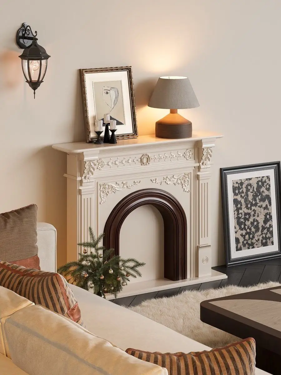 Final lifestyle view of the open-portal ornamental fireplace mantel