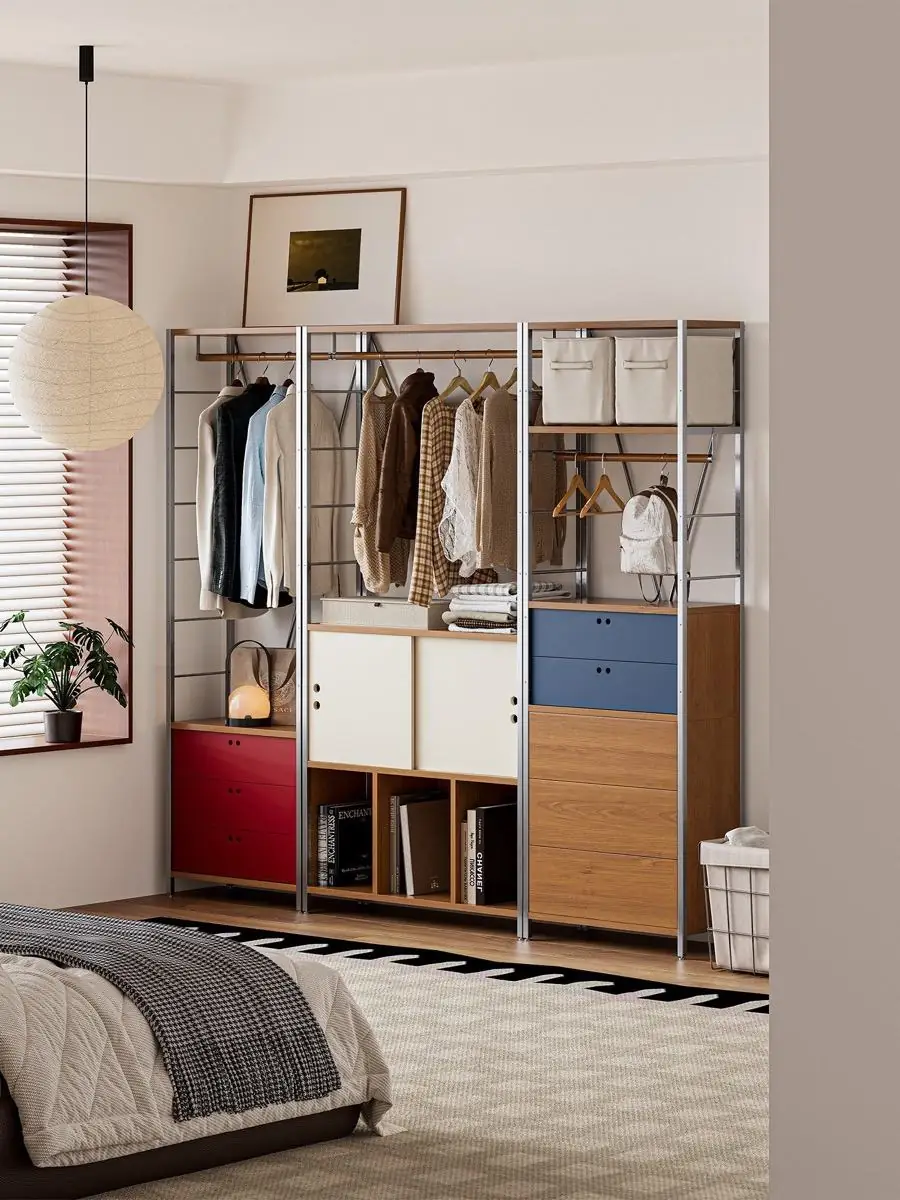 Open metal wardrobe with cream, blue, red and walnut storage modules