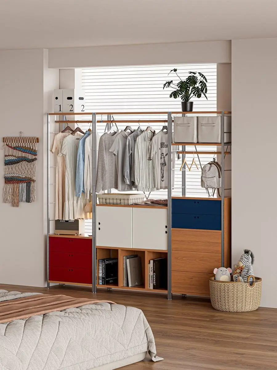 Hanging rail and coloured storage modules within the metal frame