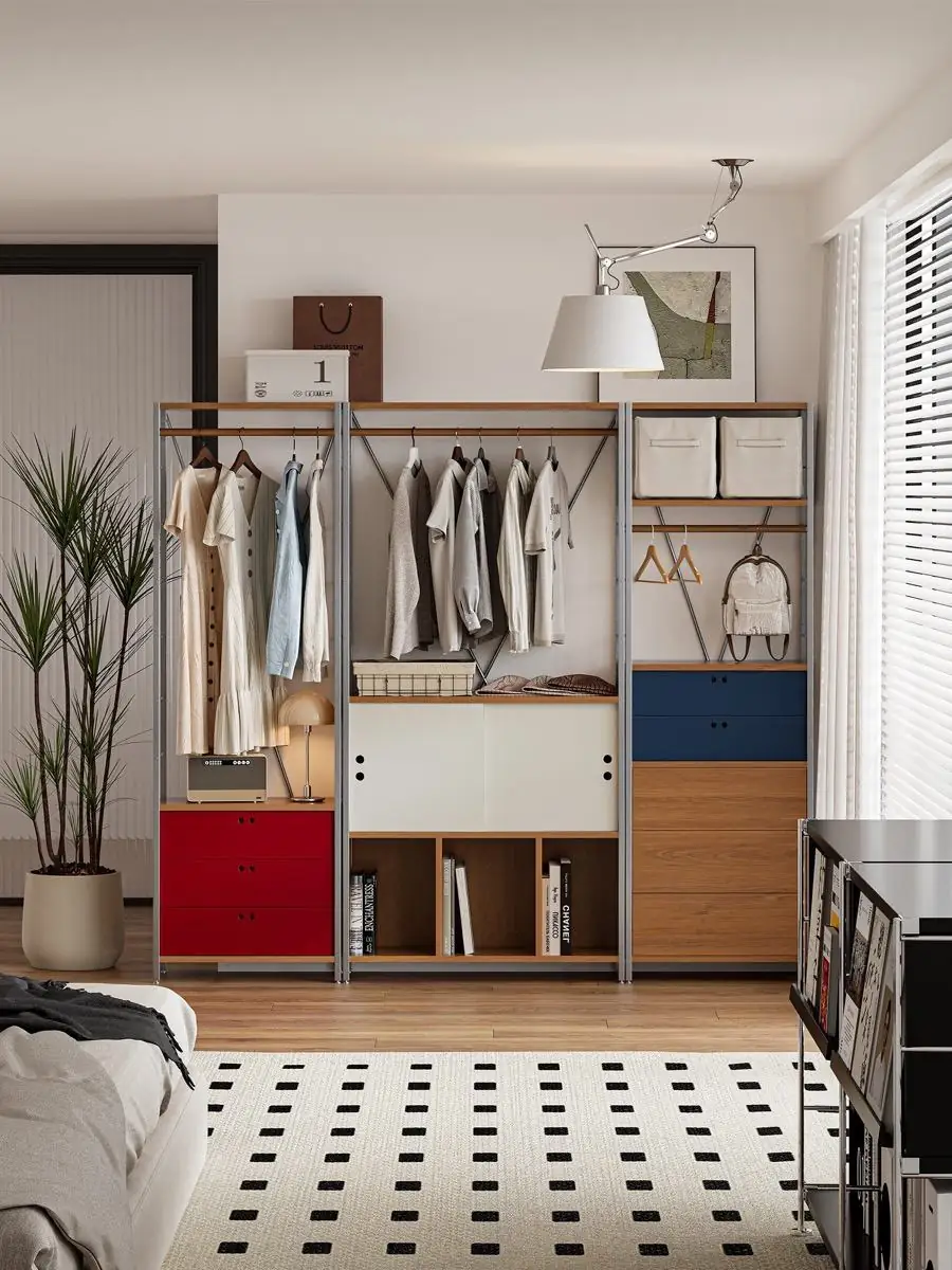 Final lifestyle view of the open modular wardrobe