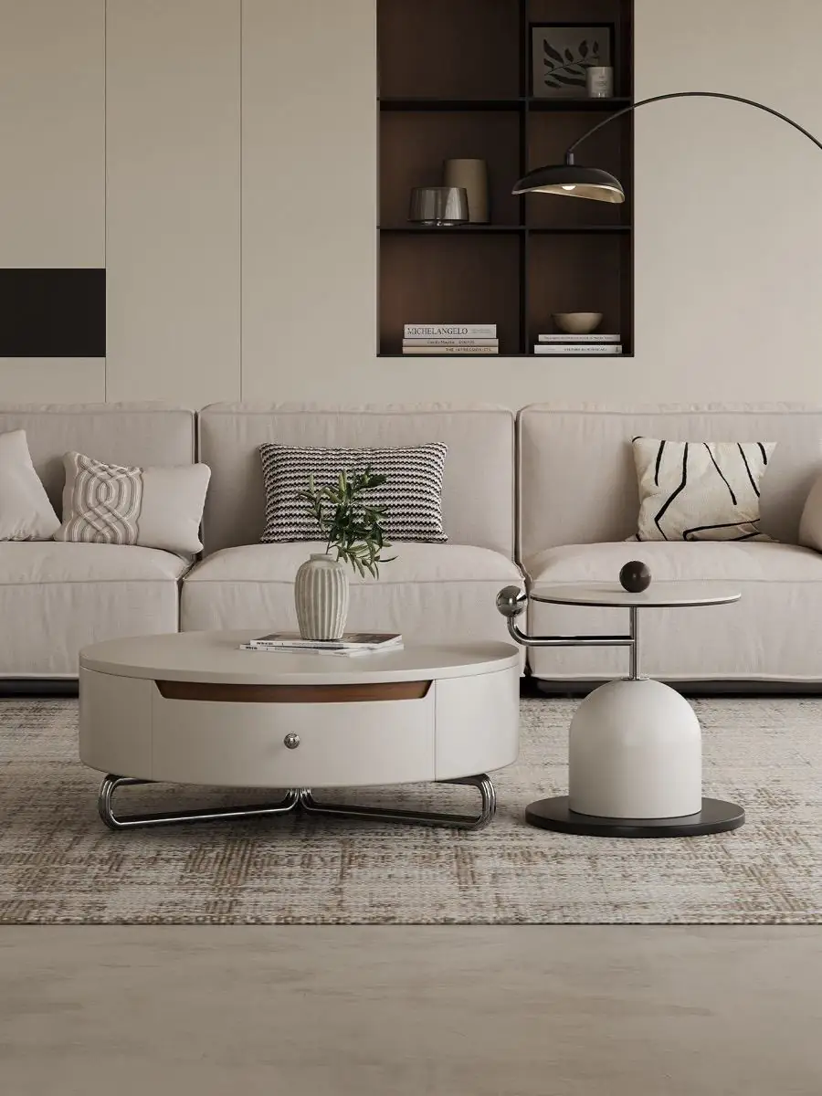Low table pair presented in a bright contemporary living room
