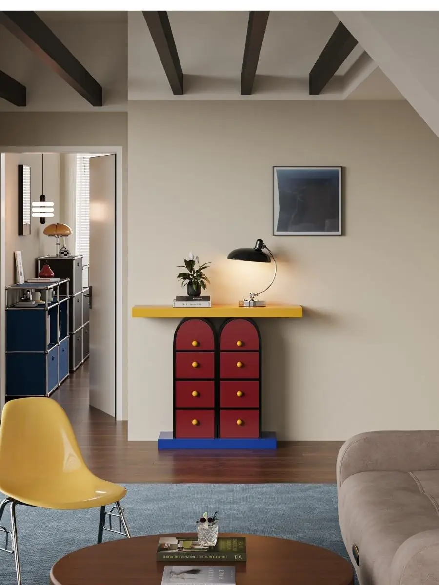 Alternate room view of the Memphis-style multicolour drawer console